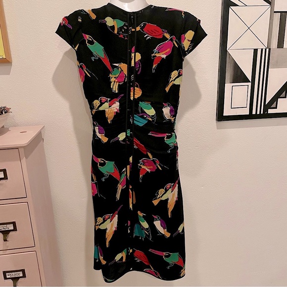 MARC JACOBS Gossip Girl Colorful Bird Print Silk Wrap V Neck Ruched Dress Sz 0 - Picture 11 of 15